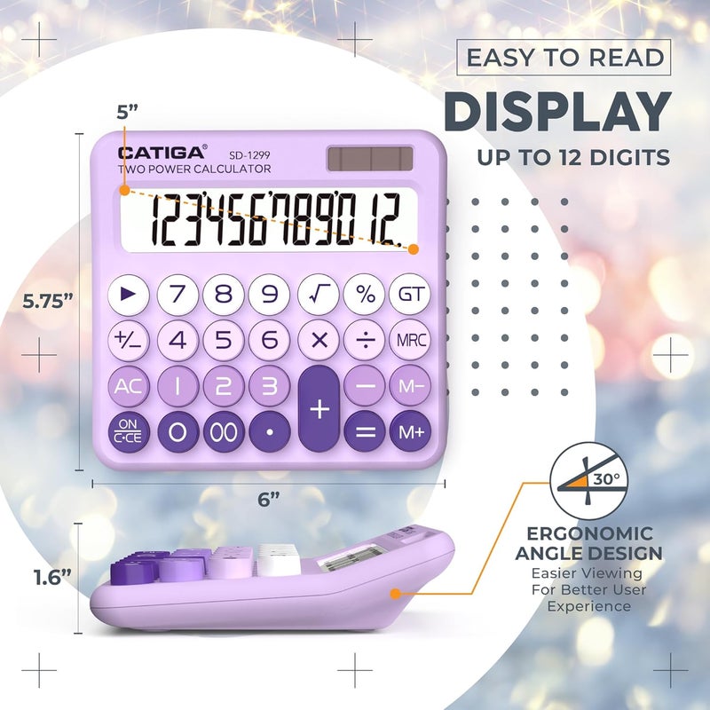 CATIGA Mechanical Switch Calculator with Solar and Battery Dual Power, 12-Digit Large LCD Display, Aesthetic and Cute Desktop Calculator with Big Button, for Home, School and Office Use, SD-1299 - Image 4